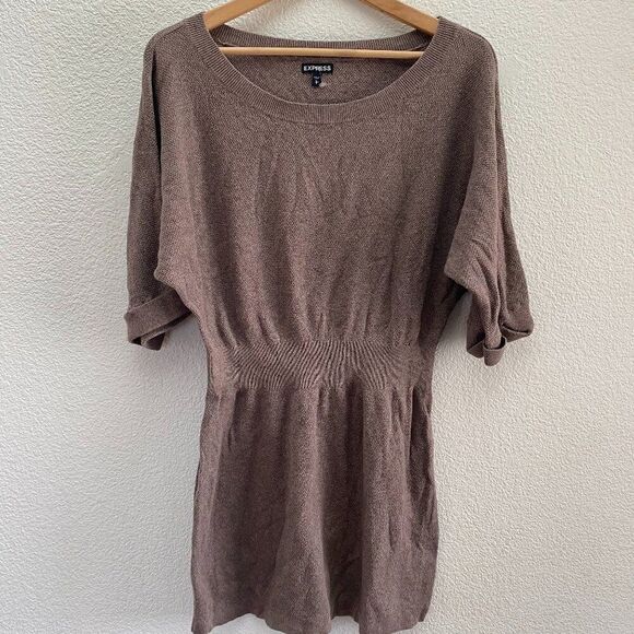 Express Dolman Batwing Sweater Dress Large Brown Gray Color Knit Work Casual - Picture 1 of 4